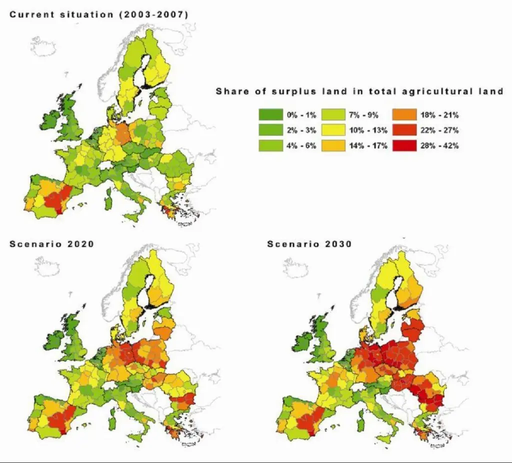 Map showing distribution of surplus agricultural land in the EU suitable for Miscanthus Giganteus cultivation