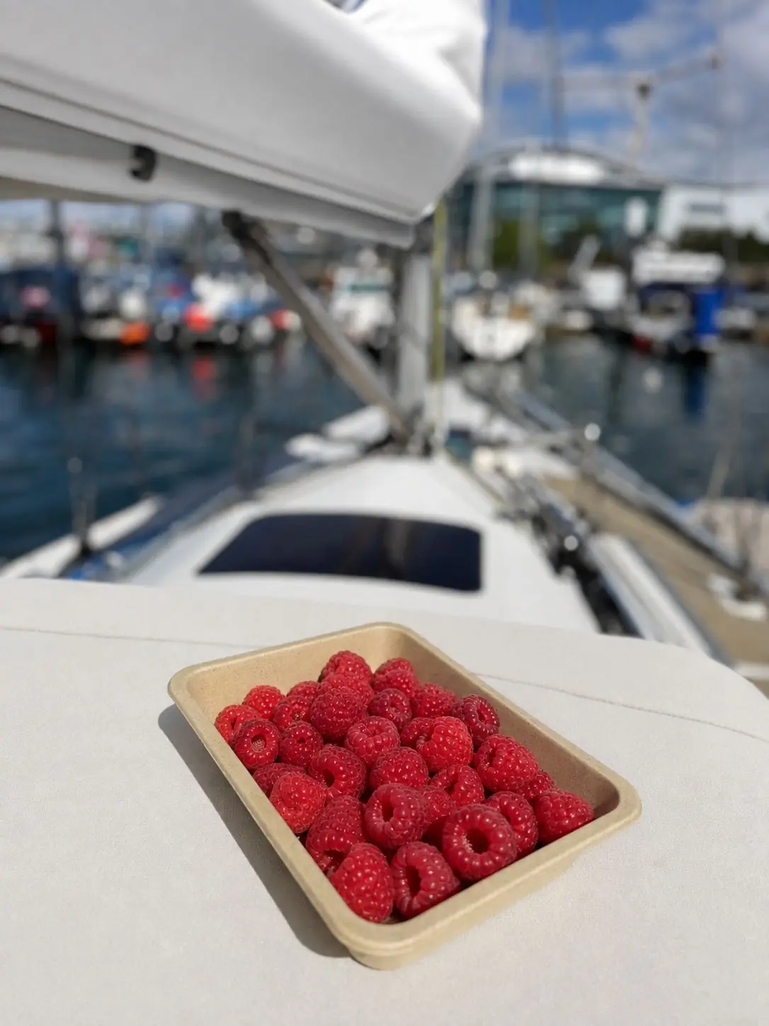 Natural-coloured formed-fibre produce tray holding fresh raspberries