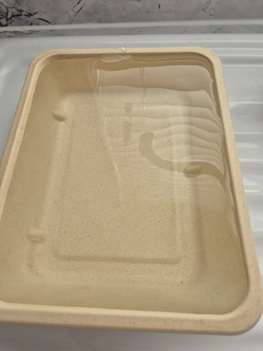 Natural-coloured fibre tray holding water in a demonstration
