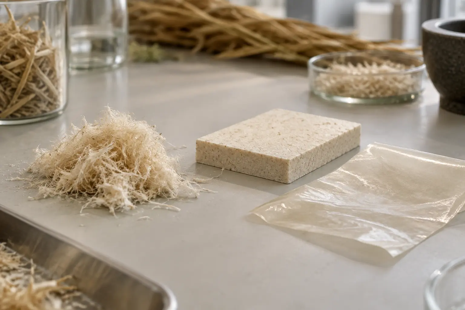 Miscanthus fibres with early-stage moulded and film material samples