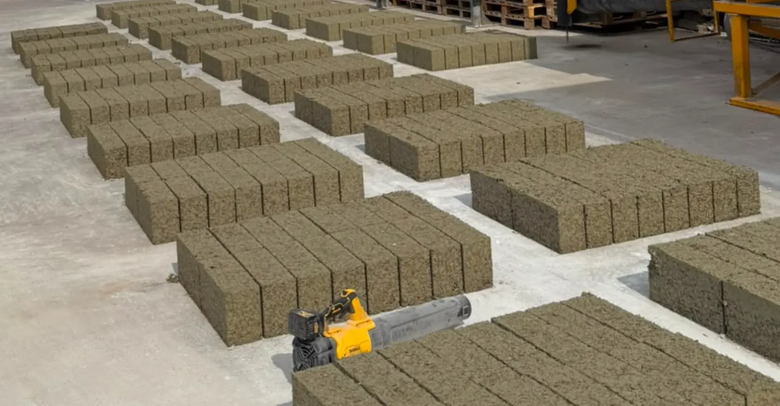 Rows of freshly made Miscrete blocks in production