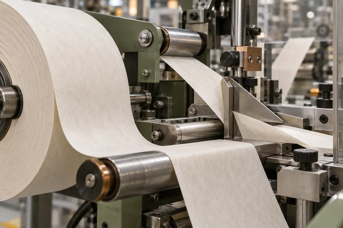 Paper web moving through packaging rollers. Illustrative context—not a Babybel product photograph.