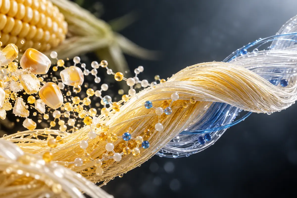 Maize-derived motifs becoming intertwined technical filaments. Illustrative context—not a product photograph.