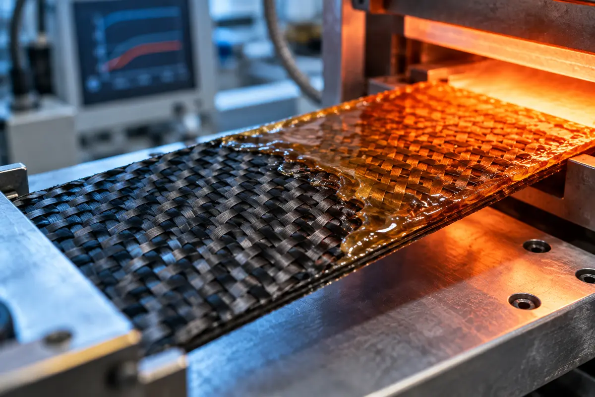 Amber resin being applied to woven carbon fibre under controlled heat. Illustrative context—not a MICHELIN ResiCare product photograph.
