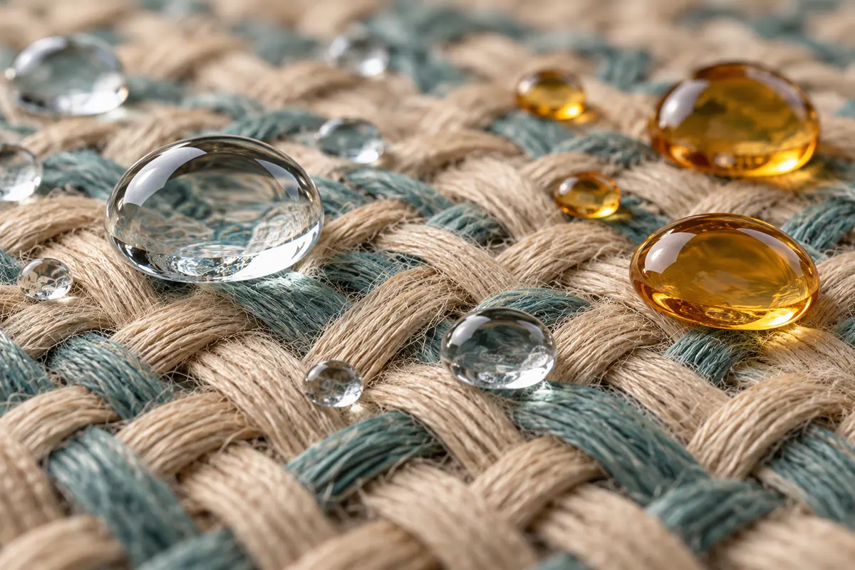 Woven fibres carrying separate water and oil droplets. Illustrative context—not a product photograph.