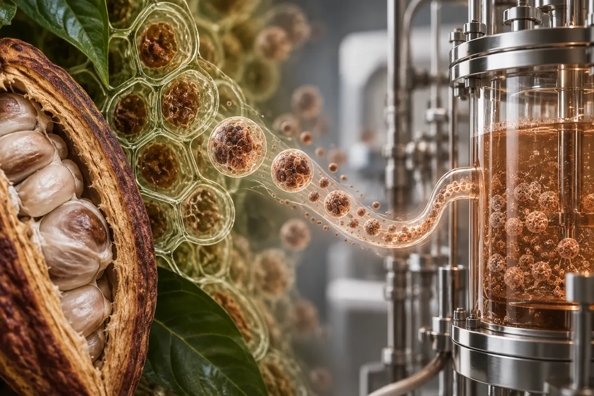 Botanical cocoa cells transitioning into a controlled cultivation vessel. Illustrative context—not a Celleste product or facility photograph.