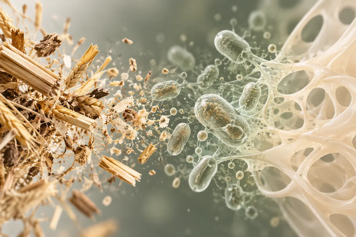 Agricultural by-products, microbial cells and a neutral polymer structure. Illustrative context—not a product photograph.