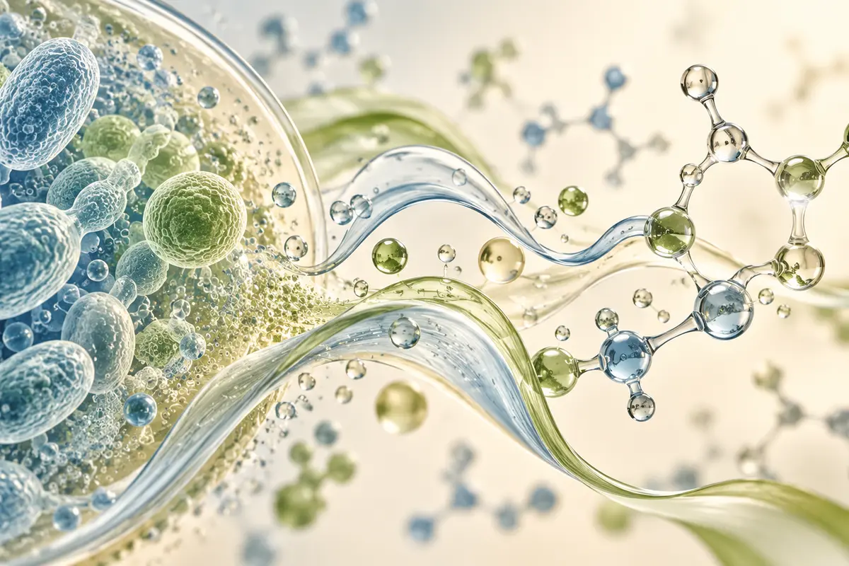 Abstract microbial fermentation and organic-acid motifs. Illustrative context—not an Esse product photograph.