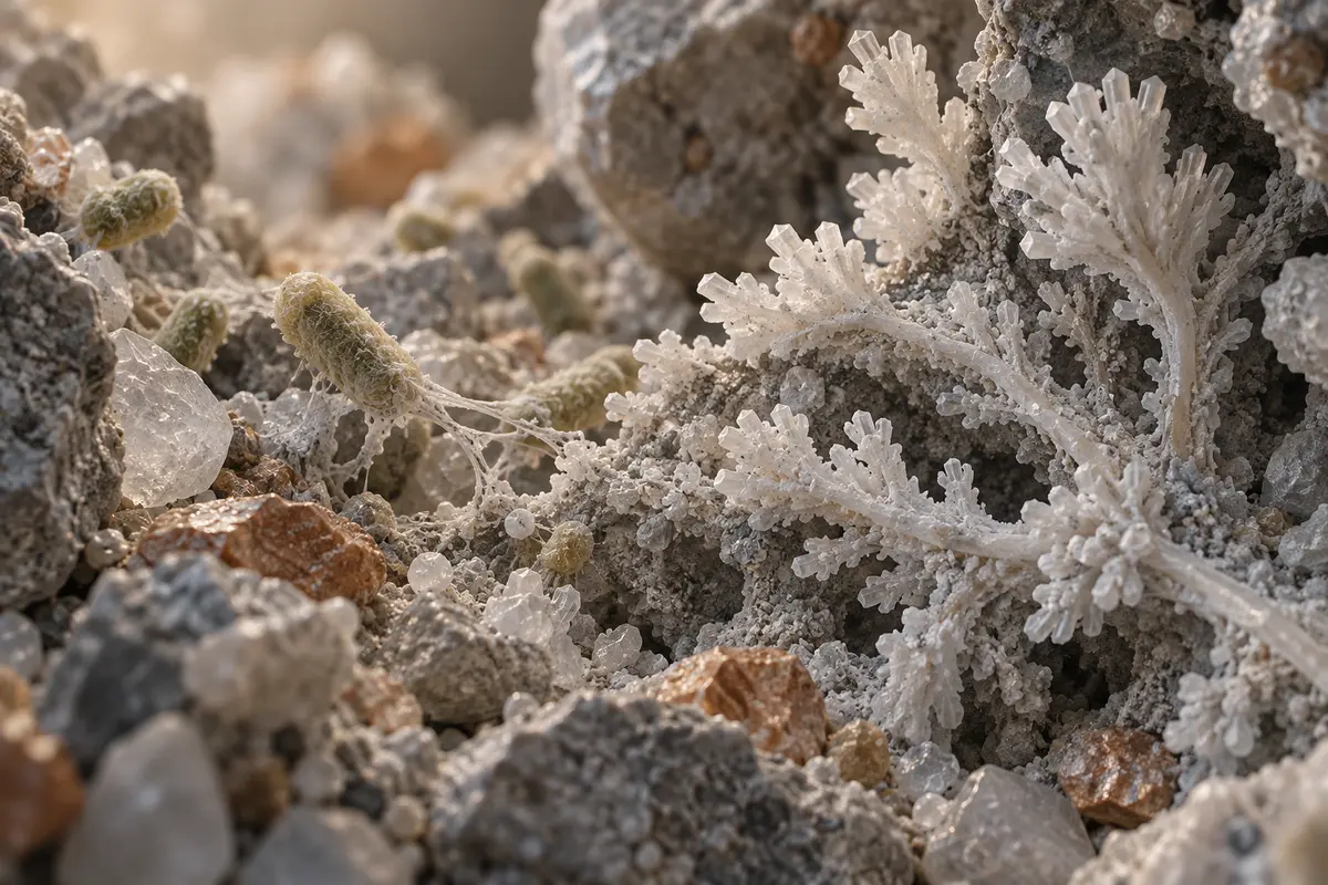 Abstract mineral particles and crystal growth representing bacteria-assisted mineralisation