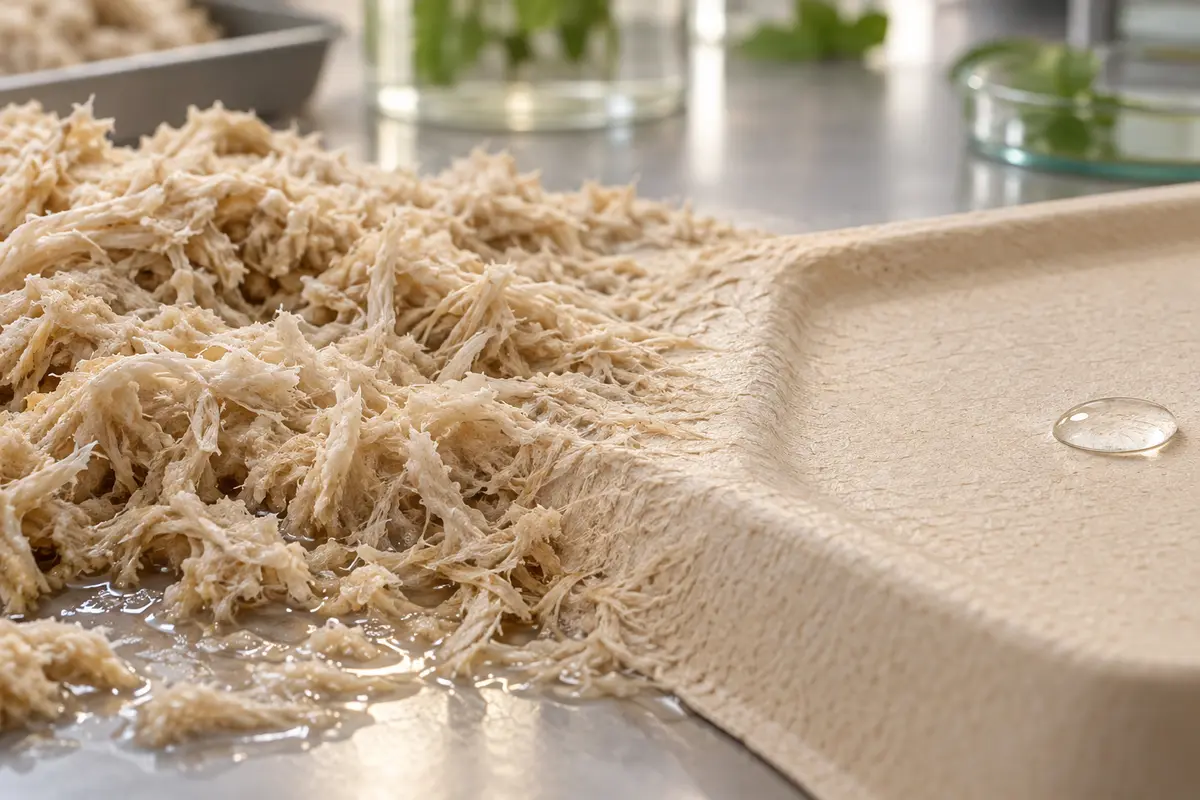 Wet cellulose fibres consolidating into a smooth moulded surface with a water droplet. Illustrative context—not a smol or Pulpex product photograph.
