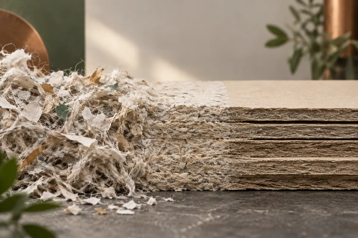 Recycled paper fibres beside layered paperboard. Illustrative context—not a product photograph.