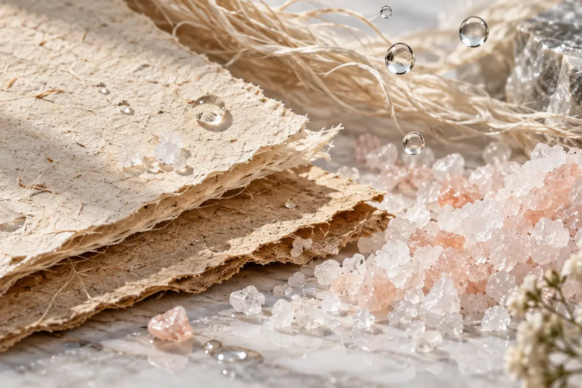Natural paper fibres, mineral salts and moisture-barrier droplets. Illustrative context—not a product photograph.