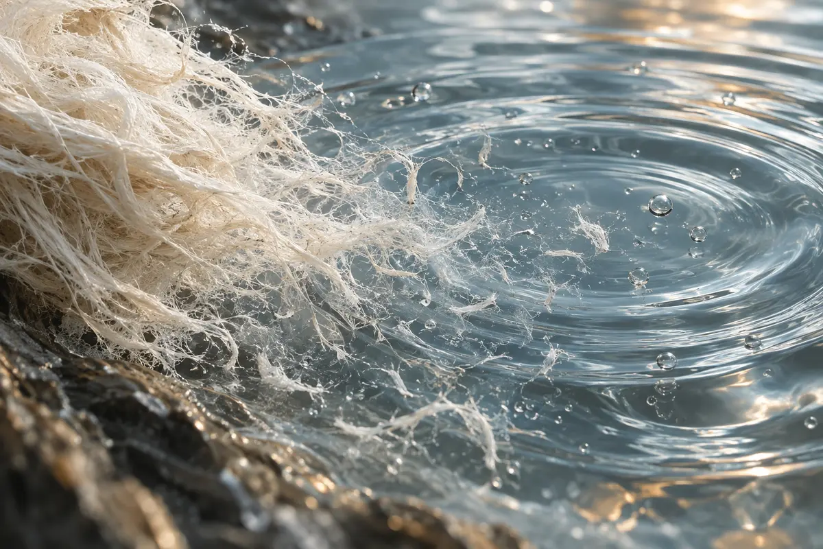 Abstract cellulose fibres dispersing into water. Illustrative context—not a product photograph.