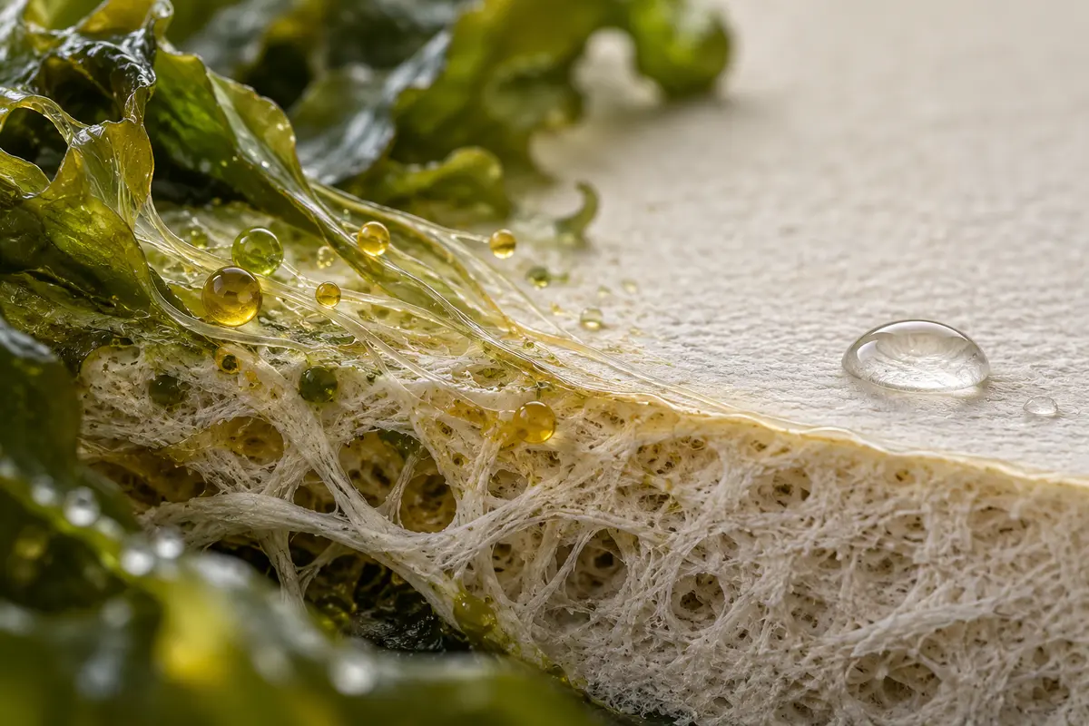 Seaweed-derived material merging with paper fibres beneath water droplets. Illustrative context—not a Kelpi or Bower Collective product photograph.
