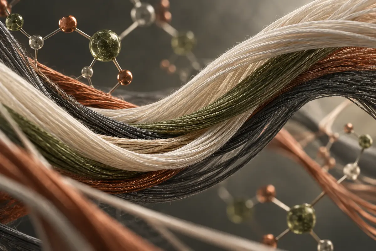 Abstract intertwined fibres representing partially plant-derived stretch textiles. Illustrative context—not a product photograph.
