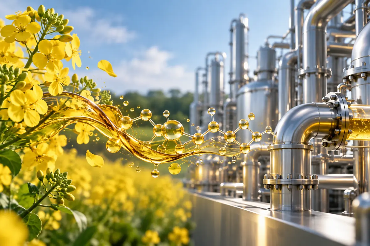 Rapeseed-derived chemistry transitioning into industrial process pipework. Illustrative context—not a product photograph.