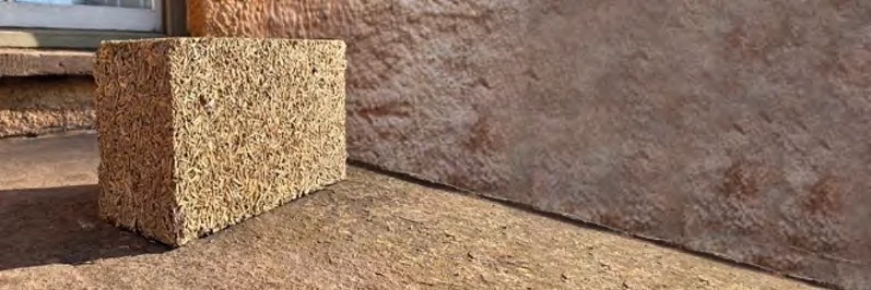 Tŷbloc insulating block made with visible Miscrete miscanthus fibre